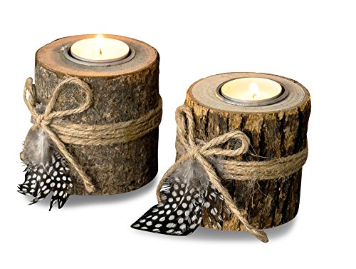 levandeo 2er Set Teelichthalter Holz je 8,5cm hoch Kerzenhalter Federn Kerzenständer Tischdeko von levandeo