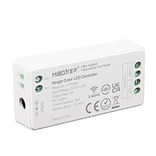 LIGHTEU®, Milight Miboxer 2,4 GHz einfarbiger Dimmer LED Streifen Controller, DC12V/24V Ausgang, max. 12 A, FUT036S von lighteu