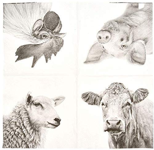 20 Servietten Bauernhof Tiere, Papier Servietten Nutztiere 33 x 33 cm von linoows