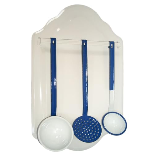 Löffelgarnitur mit Löffelblech, Nostalgie Küchenhelfer Set, Emaille weiß blau von linoows