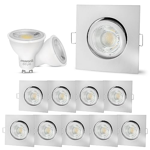 linovum® 10er Set LED Einbaustrahler GU10 eckig & schwenkbar - Einbauleuchte Edelstahl Optik inkl. LED GU10 3W neutralweiß von linovum