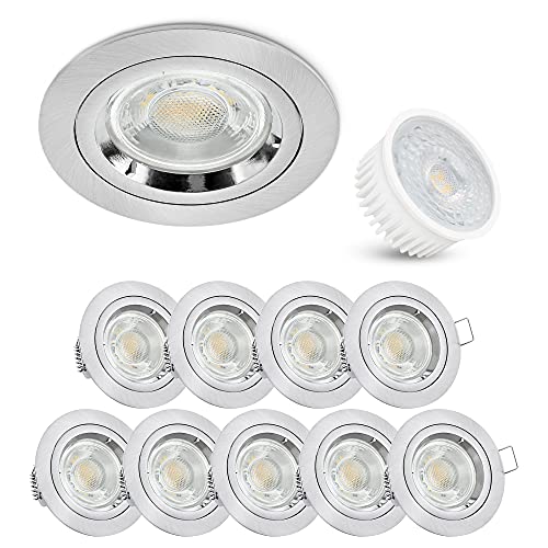 linovum Einbauleuchte LED flach Set 10 Stück 230V gebürstete Optik - runde Spot Deckenleuchten inkl. LED warmweiß 4W 230V von linovum