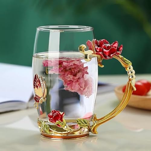 little dove Teetasse aus Glas, Rose Glasklare Neuheit Glas Teetasse Kaffeetassen Reisebecher mit aufwändigem Blumengriff und schönem Löffel,Gut Geschenk (Rot) von little dove