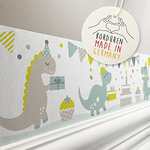 lovely label Bordüre selbstklebend DINO PARTY MINT LIMETTE - Wandbordüre Kinderzimmer Babyzimmer mit Dinosaurier - Wandtattoo Schlafzimmer Mädchen & Junge – Wanddeko Baby Kinder von lovely label