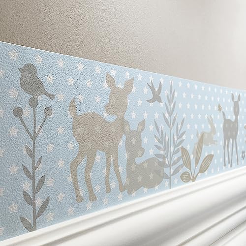 lovely label Bordüre selbstklebend HÄSCHEN & REHE BLAU - Wandbordüre Kinderzimmer Babyzimmer mit Hase & Reh, Waldtiere, Sterne - Wandtattoo Schlafzimmer Junge – Wanddeko Baby Kinder von lovely label