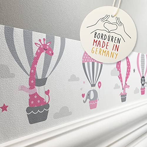 lovely label Bordüre selbstklebend HEISSLUFTBALLON GRAU ROSA - Wandbordüre Kinderzimmer Babyzimmer mit fliegenden Tieren - Wandtattoo Schlafzimmer Mädchen – Wanddeko Baby Kinder von lovely label