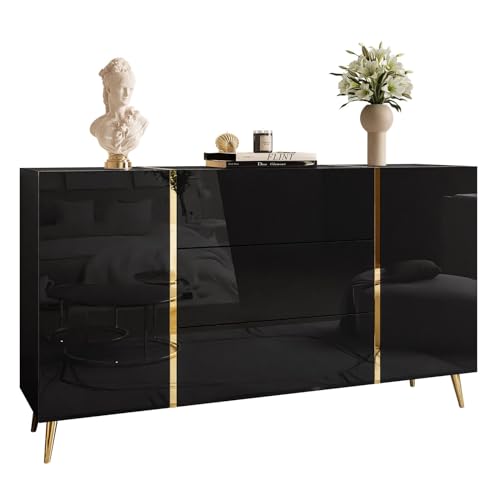 lukmebel Kommode Onyx Auf Goldenen Beinen Hochglanz Elegantes & Modernes Design Versteckte Ablagen Leicht Zu Reinigen Abrieb- Und Kratzfest Laminierte Platte 158x413x88 cm Schwarz von lukmebel