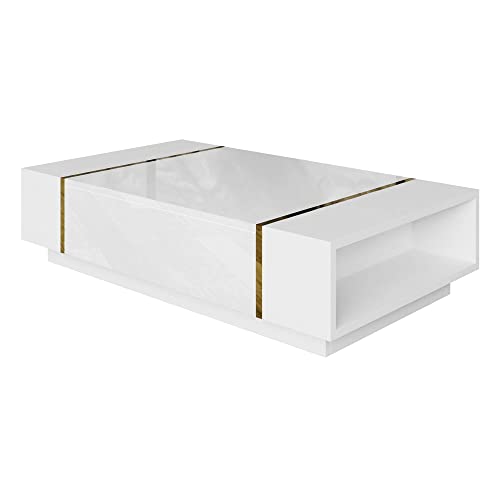 lukmebel Couchtisch Weiß mit Gold Onyx -104x65x415 cm Couchtisch mit Stauraum - Push to Open - Wohnzimmertisch - Beistelltisch Couch - Sofatisch - Sofa Tisch - Stubentisch von lukmebel