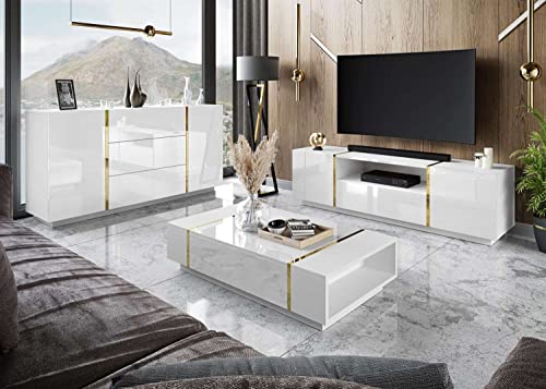 lukmebel Onyx Wohnzimmerset 3 Elemente Elegantes & Modernes Design Leicht Zu Reinigen Abrieb- Und Kratzfest Laminierte Platte Weiß von lukmebel