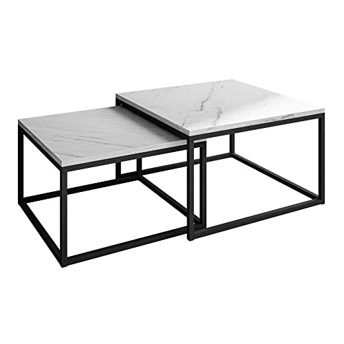 lukmebel Yoshi LEVANTO 2-In-1 Couchtisch Set Aus Zwei Tischen Metallfuß Matt Quadratische Arbeitsplatte 60x60x40 70x70x46 Schwarzer Marmor von lukmebel