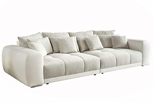 Big Sofa XXL 306x134 cm, Lounge Couch mit hochwertiger Federkernpolsterung, viele Kissen, Liegefläche 120x240 cm, Korpus Kunstleder Weiß und Bezug Strukturstoff Grau Beige / 15113 von luma-home Schönes für Dein Zuhause