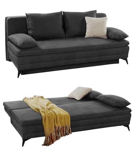 Hochwertiges Dauerschlafsofa 202 cm breit, integrierter Kaltschaum-Topper, Wellenfederung, Bettkasten, Schlaffunktion Liegefläche 158x199 cm, Microfaser in Dunkel-Grau Anthrazit / 15159 von luma-home Schönes für Dein Zuhause