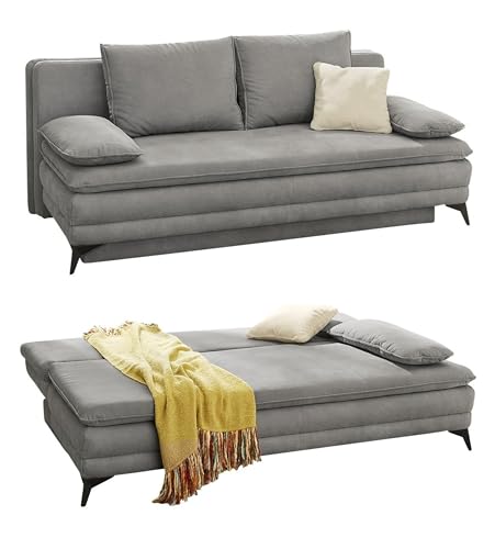 Hochwertiges Dauerschlafsofa 202 cm breit, integrierter Kaltschaum-Topper, Wellenfederung, Bettkasten, Schlaffunktion Liegefläche 158x199 cm, Microfaser in Hell-Grau / 15157 von luma-home Schönes für Dein Zuhause