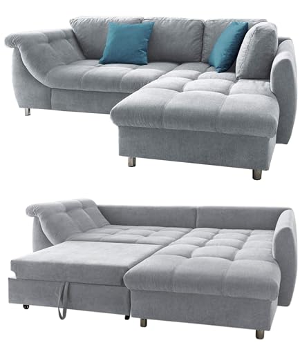 Modernes Ecksofa mit Schlaffunktion 250x190 cm, Wellenunterfederung mit Komfortschaum, L-Couch, Longchair Ottomane rechts, Bezug Mikrofaser Grau, 2 Zierkissen Blau / 17109 von luma-home Schönes für Dein Zuhause