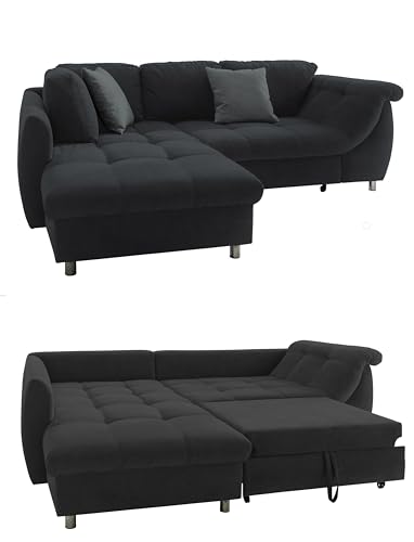 Modernes Ecksofa mit Schlaffunktion u.Bettkasten 250x190 cm, Wellenunterfederung/Komfortschaum, Longchair Ottomane links, Bezug Mikrofaser Anthrazit Schwarz, 2 Zierkissen Grau/ 17114 von luma-home Schönes für Dein Zuhause