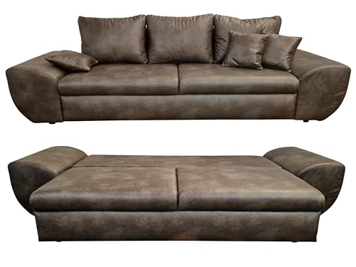 Vintage Big Sofa mit Schlaffunktion und Bettkasten, XXL Trend Couch 275 cm breit, Wellenunterfederung, Liegefläche 148x194 cm, Mikrofaserstoff in Leder-Optik in Braun / 18008 von luma-home Schönes für Dein Zuhause