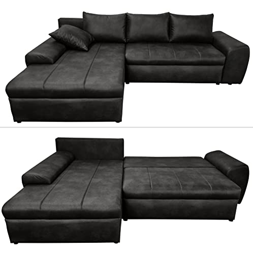 Vintage Ecksofa mit Schlaffunktion und Bettkasten 266x186 cm, Wellenunterfederung, Ottomane links, gemütliche Lounge Couch mit Mikrofaser-Stoff in Leder-Optik Schwarz / 18016 von luma-home Schönes für Dein Zuhause