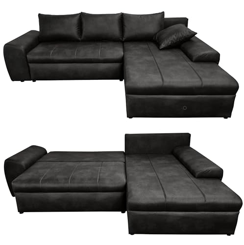 Vintage Ecksofa mit Schlaffunktion und Bettkasten 266x186 cm, Wellenunterfederung, Ottomane rechts, gemütliche Lounge Couch mit Mikrofaser-Stoff in Leder-Optik Schwarz / 18013 von luma-home Schönes für Dein Zuhause