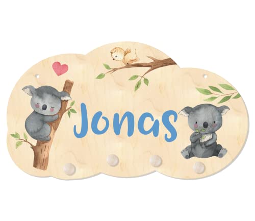 Personalisierte Kindergarderobe 'Koalabär' aus Holz mit vier Kleiderhaken, Garderobe für Kinder mit Wunschnamen, Motiv Koala, ca. 35 x 20 cm (Blau) von lunabee