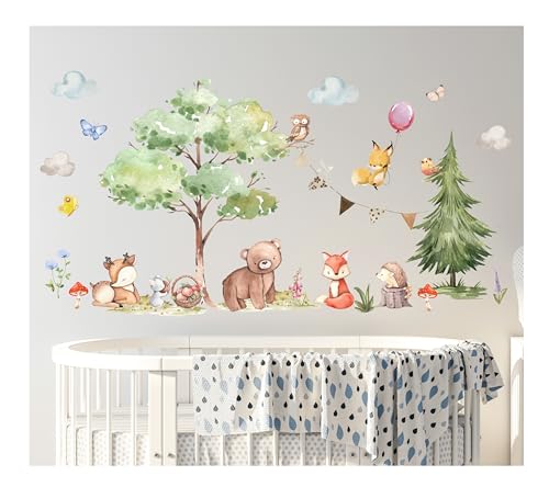 Wandtattoo Wandsticker Waldtiere Kinderzimmer Wandbild Baby Wandaufkleber Wanddeko für Babyzimmer Bär Hase Fuchs Bäume madras24 von madras24