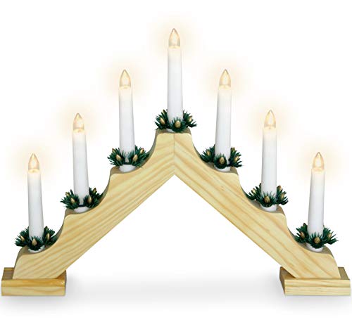 Kerzenbrücke aus Holz - Schwibbogen Lichterbogen mit 7 LED Kerzen - 30 cm Holz (Batteriebetrieben) von matrasa