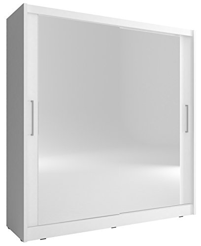 Kleiderschrank Schwebetürenschrank mit Spiegel 2-türig Schrank mit Einlegeböden und Kleiderstange Gaderobe Schiebtüren Borneo 6 (Weiß, 200 cm) von MEUBLO