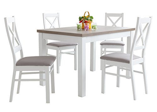 mb-moebel Esstisch mit 4 stühlen: 110x70 oder 120x80 weiß und Drift, Esszimmertisch Tischgruppe Essgruppe - BONA (Laminatplatte, 110x70cm) von mb-moebel