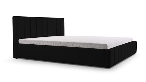 mb-moebel Polsterbett Bett mit Kopfstütze, Rahmenbettgestell, Bettkasten und Lattenrost Doppelbett Gepolsterter Kopfteil Samststoff Stauraumbett Bett 01-140x200 - Black (Trinity 16) von mb-moebel