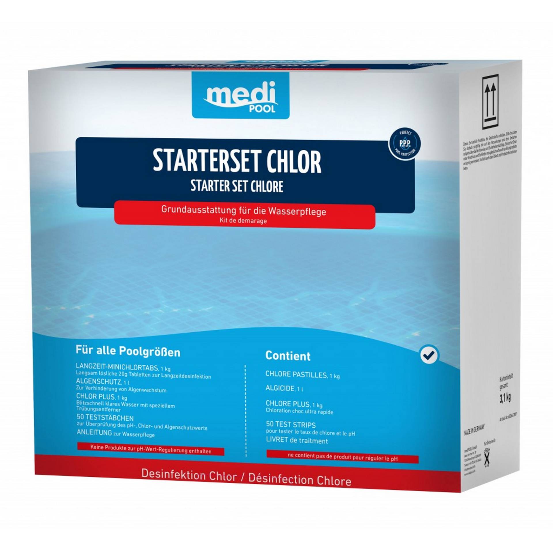 mediPOOL Starter-Set Chlor 3,1 kg, inklusive Algenschutz und Teststäbchen von mediPOOL