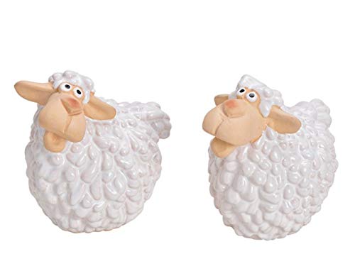 meindekoartikel 2er-Set Deko Figuren – lustige Schafe aus Keramik 2-Fach Sortiert (Weiss) Breite 7cm x Höhe 12cm x Tiefe 11cm von meindekoartikel