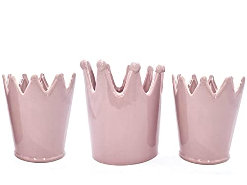 meindekoartikel 3 teiliges Crown-Set aus Keramik Topf Übertopf Blumentopf Krone Dekotopf (Rosa) von meindekoartikel