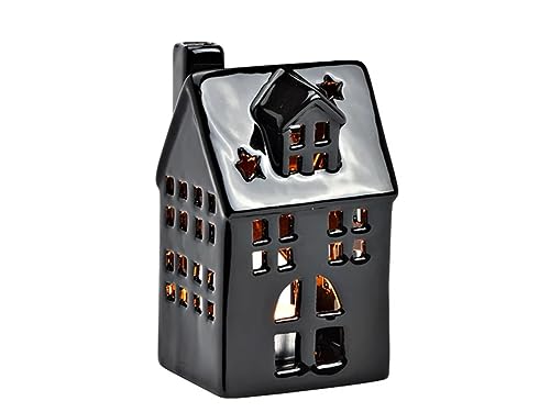 Lichthaus Windlicht - Haus mit Schornstein - Schattenspiel - Teelichthalter aus Porzellan 13 cm - schwarz von meindekoartikel