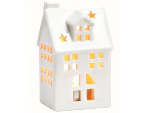 Lichthaus Windlicht - Haus mit Schornstein - Schattenspiel - Teelichthalter aus Porzellan 16 cm - Weiss (Model 1 - Weiss) von meindekoartikel