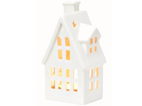 Lichthaus Windlicht - Haus mit Schornstein - Schattenspiel - Teelichthalter aus Porzellan 16 cm - Weiss (Model 2 - Weiss) von meindekoartikel