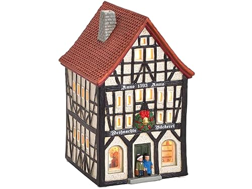 Weihnachts Bäckerei Fachwerkhaus Anno 1593 aus Porzellan – Windlicht Lichthaus Miniatur-Modell - B10 x H17 x T11 von meindekoartikel