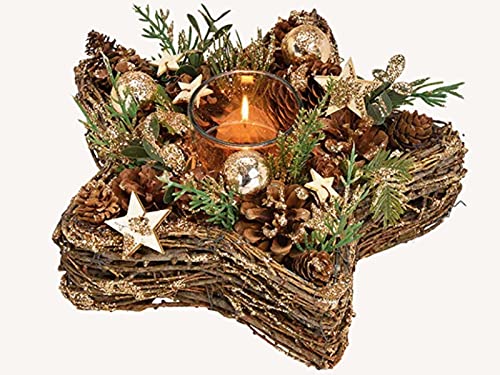 Weihnachtsgesteck mit Teelichthalter Weihnachtsdekor aus Holz Kunststoff Glas (braun) (Stern - Ø 26 cm) von meindekoartikel