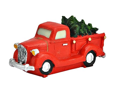 meindekoartikel Roter Lastwagen mit Tanne - Lichthaus Winterwelt - Miniaturfiguren Miniatur-Modell für ihre Miniaturwelt von meindekoartikel