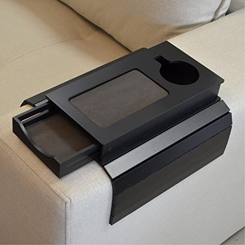 Meistar Sofa-Tablett mit rutschfester Unterseite und Couch-Becherhalter. Fernbedienung, Couchtisch und Handy-Organizer. Tragbarer Armlehnentisch mit Schublade. (Schwarz) von meistar