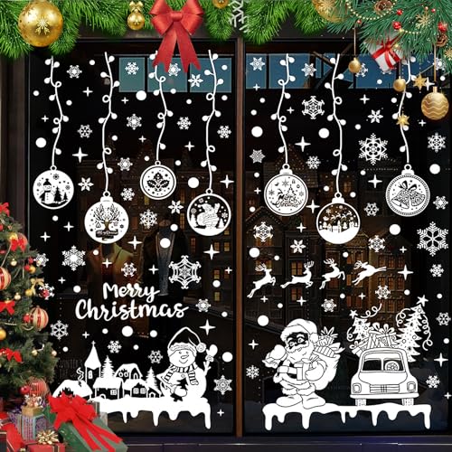 Fensterbilder Weihnachten Selbstklebend, 237 Stück Weiß Fensterdeko Weihnachten Wiederverwendbar, Doppelseitige Weihnachtsdeko Fenster PVC Aufkleber für Glasfenster Weihnachten Deko (9 Blatt, 20x30cm) von mellystore
