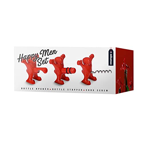 Mikamax - Happy Men Set - Glücklichen Mannes Set - Weinöffner Geschenkset - Weinflasche Stopper - Weinflasche Korkenzieher - Bierflasche Opener – 8 Cm Groß von mikamax