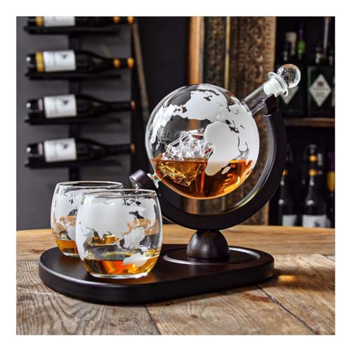 MikaMax - Globe Decanter Deluxe Set - Globus Dekanter – Whisky Karaffe – Inklusive 2 Whisky Globus Gläser – 900 ML – Transparent – Glas Dekanter Set von mikamax