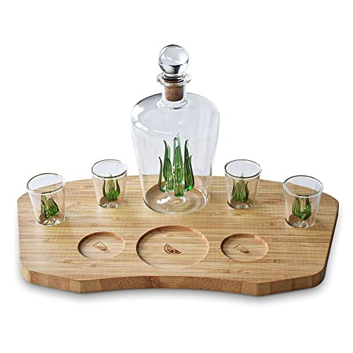 mikamax Tequila Decanter Set - Komplettset - Schnapsgläser - Tequila Gläser - Shotglasses - Bambusplattform von mikamax