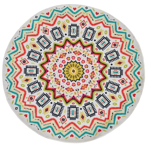 miqna Mandala Teppich, Runder Teppich Wohnzimmer Schlafzimmer, Waschbar Vintage Teppiche, Boho Runder Teppich, Küchenteppich (Bunt, 120x120 cm) von miqna