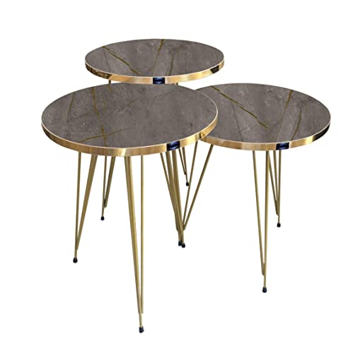 moebel17 5392 EYGD09 - Beistelltisch 3 er Set rund - Kaffeetisch Satztisch mit Metallgestell, Wohnzimmertisch Tisch, Braun, Füße vergoldet, Breite 38 cm x Höhe (H) 45,5 cm (H) 49,5 cm (H) 53,5 cm von moebel17