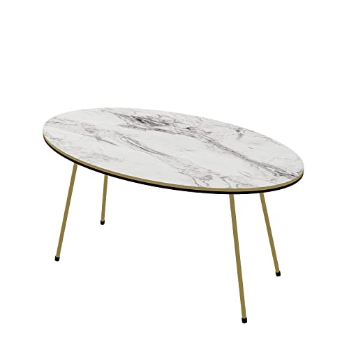 moebel17 6962 20656962 Couchtisch Sofatisch Wohnzimmertisch Tisch fürs Wohnzimmer, oval Holz, Weiß Gold mit Marmor Optik, Hochglanz, Metall Füße, Stauraum, Designertisch, 90 x 43 x 50 cm von moebel17