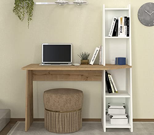 moebel17 9567 Schreibtisch, Eckschreibtisch, Computertisch, Arbeitstisch, PC Tisch Beige Weiß, Wandmontage und Freistehend, mit Regalen, 120 x 74 x 60 cm, Gesamthöhe 146 cm von moebel17