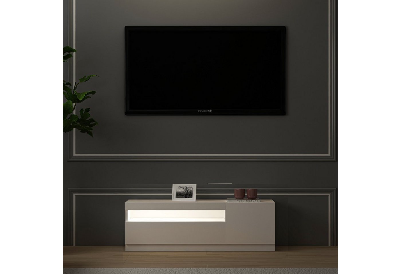 moebel17 TV-Regal TV Lowboard Weiß mit LED-Leuchten Rechts 1/2 9475, modernes TV Lowboard in Weiß mit kratzfester Melaminschicht. von moebel17