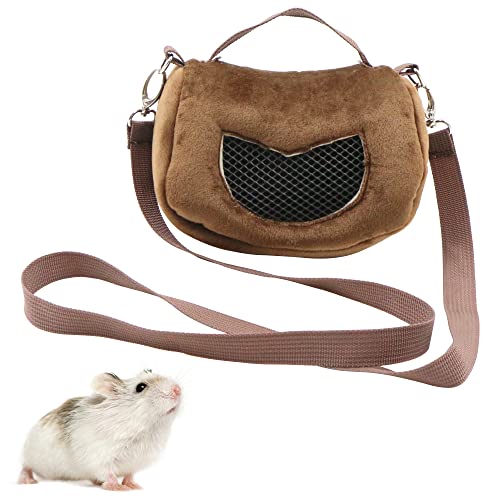 Tragetasche für Hamster Haustier Reisetasche - 12 * 10 * 9cm Kleintierbetten Outdoor-Reisetasche mit Reißverschluss, Abnehmbarer Gurt, passend für Hamster, Meerschweinchen, Chinchilla, Braun, 1 Stück von momgyaamz