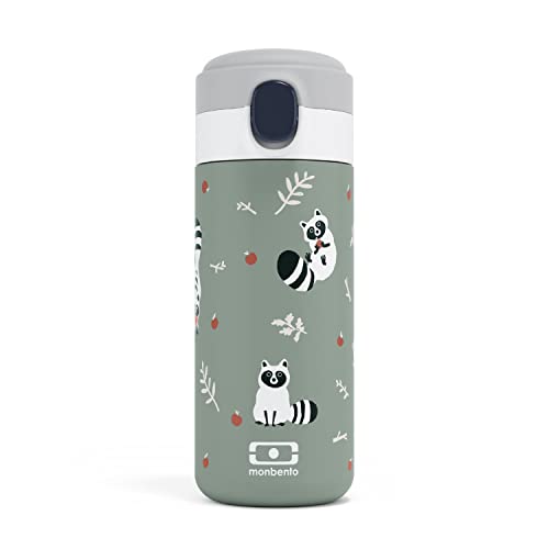 monbento - Isotherme Flasche Kinder MB Pop Raccoon -Waschbär - 360ml - Auslaufsicher - Hält Getränke bis zu 12 Stunden Warm/Kalt - Kleine Wasser Flasche für Kinder Schule/Park ode Handtasche - Grün von monbento