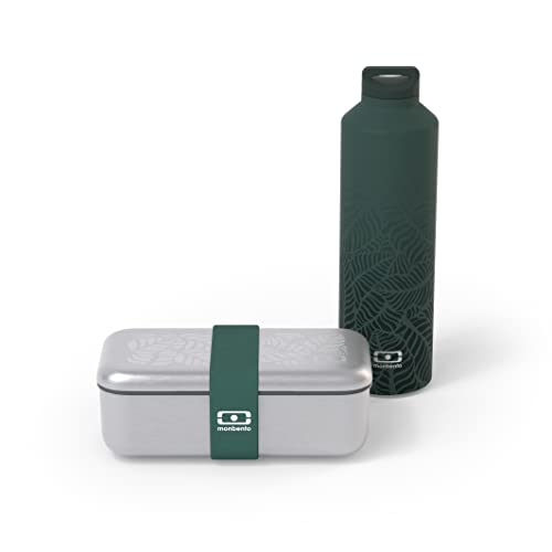 monbento - Jungle Lunchbox Set - Metall brotdose MB Sense, Isotherme Wasser Flasche MB Steel 500ml - Natur Muster - BPA Frei - Grün von monbento